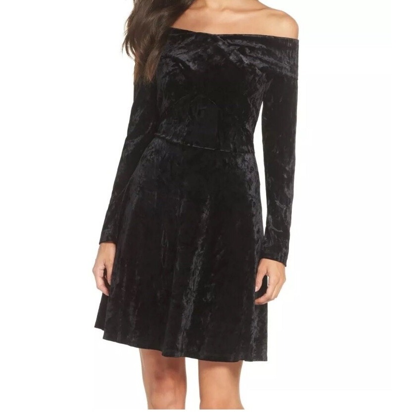 Chelsea28 Womens Black Crushed Velvet Off Shoulder Long Sleeve Dress Nwt Size Xl
